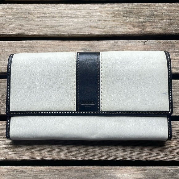 Coach Handbags - Authentic Coach White Black Genuine Leather Wallet Clutch Blue Lining